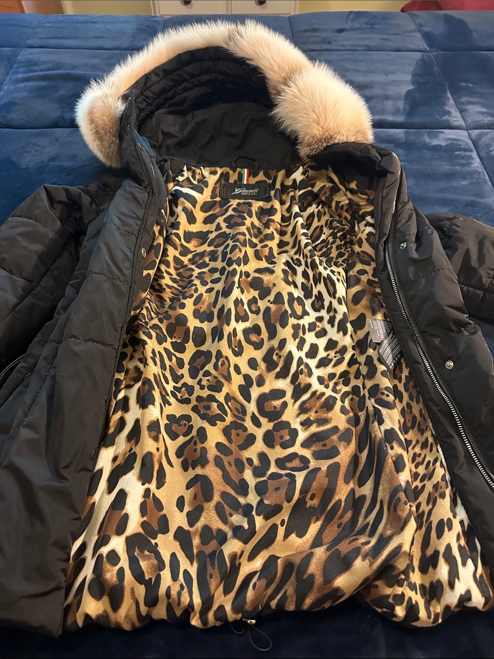 GORSKI Black Puffer Coat with Faux Fur Trim and Leopard-Print Lining